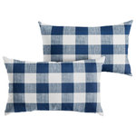 Mozaic Company - Stewart Dark Blue Buffalo Plaid XL Lumbar Pillow, Set of 2 - This wide checkered, white and dark blue buffalo plaid pattern will add the perfect traditional accent to your d��_cor. Use this set of two oversized outdoor lumbar pillows as a way to enhance the decorative quality of any seating area. With a classic buffalo plaid pattern, these pillows add an eye-catching and elegant touch wherever they are used. The exteriors are UV and fade resistant to maintain the attractive look and feel through long-term outdoor use. The 100 percent recycled fiber fill ensures a soft and supportive experience to maximize comfort.