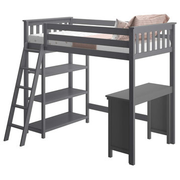 Twin High Loft Bed, Safety Guard Rails With Integrated Desk and Bookcase, Grey