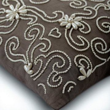 Brown Throw Pillow Cover, Pearl Floral Abstract 24"x24" Linen, Pearl Wishes