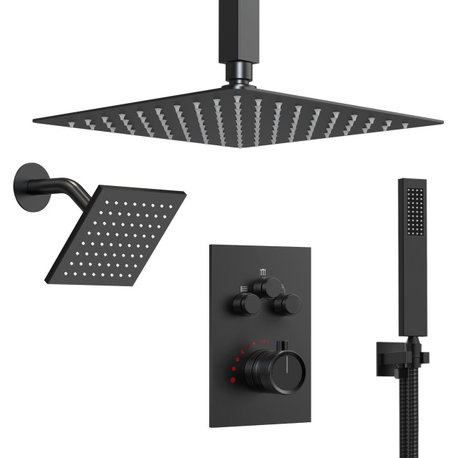 Dual Heads 12" & 6" Shower System w/ Thermostatic Faucet, Ceiling/Matte Black