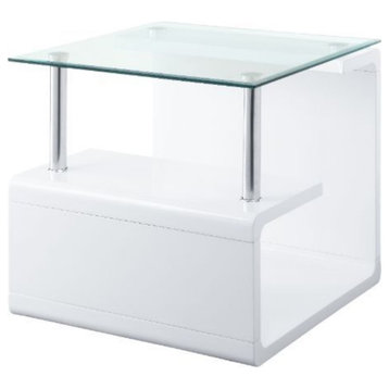 End Table, Clear Glass and White High Gloss Finish