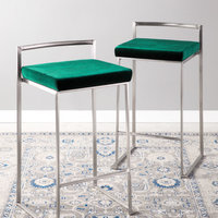 LumiSource Fuji Counter Stool Set of 2, Green Velvet Cushion, Steel Frame
