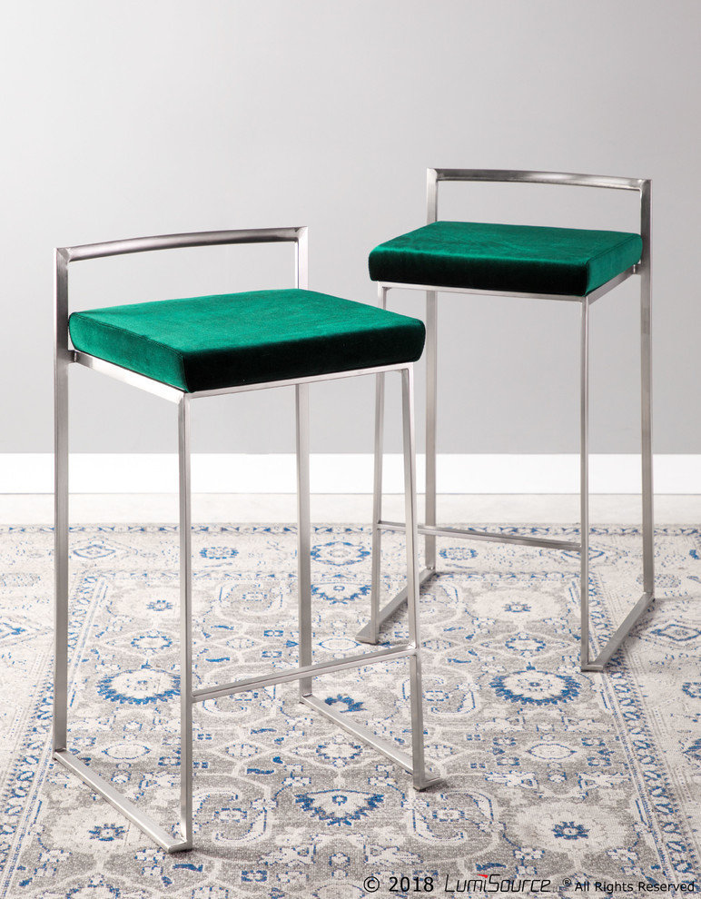 LumiSource Fuji Counter Stool Set of 2, Green Velvet Cushion, Steel Frame