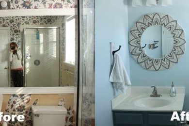 Example of a mid-sized eclectic 3/4 ceramic tile corner shower design in Other with blue cabinets and blue walls