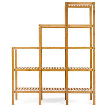 Costway Contemporary Bamboo Multifunctional Shelf with 12 Pots in Natural