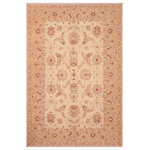 Bareens Designer Rugs - Shabby Chic Ziegler Gaynell Beige Gold Hand-Knotted Wool Rug - 6'2'' x 8'10'' - Enhance the ambiance of your home with this magnificent Persian-influenced Turkish hand-knotted rug made by skilled artisans capable of creating the most exceptional vegetable dyes and hand-spun wool. This exquisite handmade rug is a one-of-a-kind Peshawar Kafkaz, otherwise identified as Chobi, Chobi Peshawar, Oushak, or Ziegler rug. These handmade rugs are crafted in Pakistan utilizing superior-quality wool imported from Australia, New Zealand, and Korea in two types of weaves: the Persian weave and the Mori weave. This rug is meticulously crafted by hand using the finest natural vegetable dyes extracted from local plants. The artisans use a blend of hand-spun local and fine merino wool, resulting in a rug with a compelling texture, higher lanolin content, and longer staple. The artisans occasionally incorporate natural or artificial silk into the pile to enhance specific motifs. The finished product is an awe-inspiring execution of flawless design and an understated palette that exudes elegance.