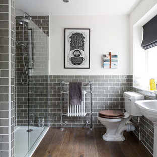 Alcove Shower Traditional Gray Tile And Subway Tile Dark Wood Floor And Brown Floor Alcove