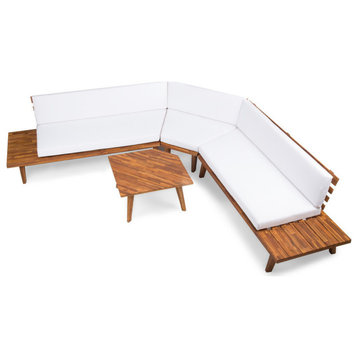 Adelia Outdoor Acacia Wood 5 Seater Sectional Sofa Set with Cushions, Sandblast Finish/White