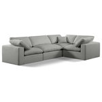 Meridian Furniture - Comfy Upholstered L-Shaped Modular Sectional, Grey, 4-Piece: 1 Armless Chair, 3 Corner Chair, Linen Textured Fabric - Give your space a whole new look with this grey Comfy linen textured fabric sectional. This handsome sectional fits nicely with other items in the Comfy collection and is a versatile seating option designed for adaptability, comfort and style. Wrapped in rich grey durable linen textured fabric upholstery, this sectional offers a plush embrace of overstuffed down feather cushions, carefully crafted to deliver the highest level of comfort. The perfect seat for creating an oasis for relaxation, this sectional has thick foam surrounding its frame for added support and coziness.