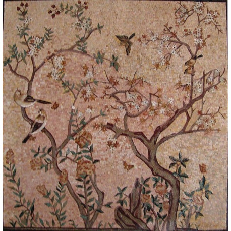 Mosaic Art, Blooming Tree And Birds, 24"x24"