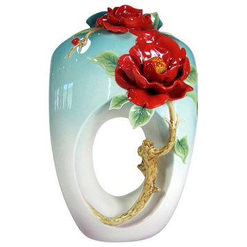 Red Camellia Flower Porcelain Vase