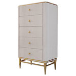 Homary - Bline 25.6" Chest Light Luxurious White & Gold 5-Drawer Dresser - Let this lovely dresser be a part of your room. Crafted from premium manufactured wood and stainless steel frame, this nightstand strikes a boxy silhouette with simple moldings but rounded corners protecting you from being hurt by any unexpected bump. Featuring golden knob pulls, five drawers offer you plenty of storage for your shirt, socks, jeans, and other items. Besides, you could make the most of its smooth top, to stand a stylish lamp or a vase of flowers.