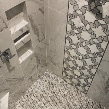 White Marble Porcelain Master Shower with Waterfall Accent