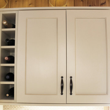 Log Cabin Rustic White Kitchen Cabinets with Granite and Wood Countertops
