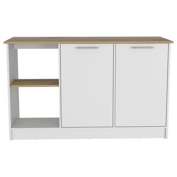 Mercury Kitchen Island with 2 Cabinets and 2 Open Shelves, Light Oak/ White
