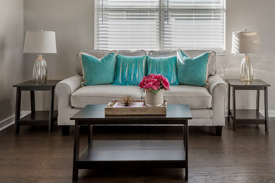 Inspiration for a timeless dark wood floor living room remodel in Tampa with gray walls