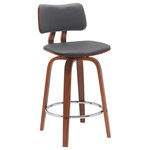Armen Living - Pico 26" Swivel Walnut Wood Counter Stool, Gray Faux Leather With Chrome, 26 - Update your casual meals and cocktail hours with the modern charm and elegance of our Pico Upholstered Swivel Bar or Counter Stool. With bentwood construction, our bar stool features a beautifully curved seat and back, embracing your body with comfort. It is complemented with sculptural bentwood legs to bring signature modern style to your bar or high dining table. Completed with a footrest and upholstered seat, the counter stool promises a comfortable stay. It is upholstered in your choice of faux leather or high-performance fabric to provide easy care and maintenance, best suited to your home. This modern barstool includes a versatile design to complement a kitchen island, pub table, home bar, or adjustable desk. With durable construction, it can be used anywhere from a kitchen to a home office to serve you for years to come. Our counter stool comes with a wonderful 360-degree swivel function. Its smooth gliding system allows you to turn with ease and enjoy your conversation, meals, and cocktail hours to the fullest. The Pico swivel bar or counter stool easily incorporates into any home and is available in your choice of 26-inch or 30-inch seat height. The Pico bar or counter stool is available in your choice of a walnut wood finish with gray, cream, or brown faux leather upholstery and chrome footrest, or a black wood finish with gray faux leather or light gray fabric upholstery and black footrest.