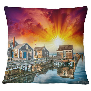 Wooden Homes At Sunset Landscape Photo Throw Pillow, 18"x18"