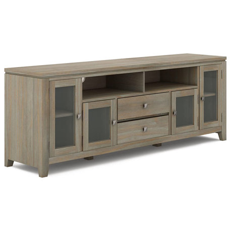 Contemporary TV Stand, Elegant Design With Glass Cabinet Doors, Distressed Grey