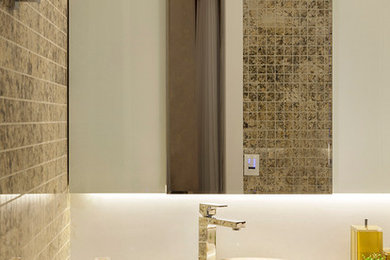 Mid-sized trendy master bathroom photo in Boston with white cabinets and a hot tub