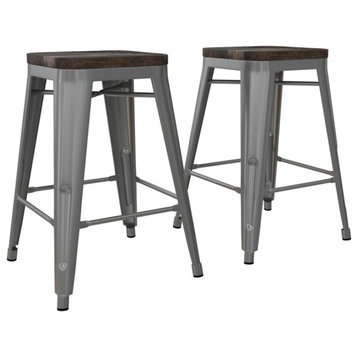 DHP Fusion 24"  Metal Backless Counter Stool with Wood Seat in Silver Set of 2