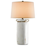 Currey & Company - Sailaway Table Lamp - The Sailaway Table Lamp has a white crackle glaze on its body, which has been distressed so that the natural terracotta shows through to create an aged effect. Metal accents in an emery rust finish also add patina. The white lamp with rope cinching its top is fitted with a sand linen shade.