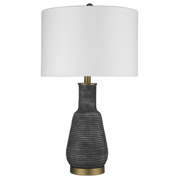 26" Black and Gold Metal Column Table Lamp With White Drum Shade
