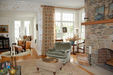 Mid-sized transitional open concept medium tone wood floor family room photo in New York with white walls, a standard fireplace, a brick fireplace and no tv