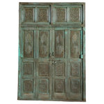 Mogul Interior - Consigned Antique Carved Door Green Patina Sunrays Teak Double Doors 98 - These Antique Green Carved Teak Doors have been restored and feature a striking Sunrays carving, creating a radiant focal point for any interior space. The top 2 squares are part of the frame, the sunburst design is hand-carved into the solid teak wood door panels, symbolizing energy and warmth. Finished in a weathered antique green, the vintage carved doors exude rustic charm with original hardware. Ideal for adding character to bedrooms, living spaces, or offices, these carved doors are both functional and artistic as interior or exterior doors.