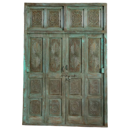 Consigned Antique Carved Door Green Patina Sunrays Teak Double Doors 98