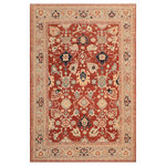 Bareens Designer Rugs - Boho Chic Ziegler Minerva Rust Blue Hand-Knotted Wool Rug - 8'3'' x 9'11'' - Enhance the ambiance of your home with this magnificent Persian-influenced Turkish hand-knotted rug made by skilled artisans capable of creating the most exceptional vegetable dyes and hand-spun wool. This exquisite handmade rug is a one-of-a-kind Peshawar Kafkaz, otherwise identified as Chobi, Chobi Peshawar, Oushak, or Ziegler rug. These handmade rugs are crafted in Pakistan utilizing superior-quality wool imported from Australia, New Zealand, and Korea in two types of weaves: the Persian weave and the Mori weave. This rug is meticulously crafted by hand using the finest natural vegetable dyes extracted from local plants. The artisans use a blend of hand-spun local and fine merino wool, resulting in a rug with a compelling texture, higher lanolin content, and longer staple. The artisans occasionally incorporate natural or artificial silk into the pile to enhance specific motifs. The finished product is an awe-inspiring execution of flawless design and an understated palette that exudes elegance.