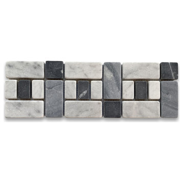 Tumbled Carrara Venato Carrera Marble 4x12 Listello Tile Mosaic Border, 1 sheet