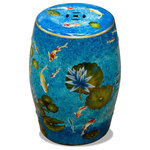 China Furniture and Arts - Porcelain Koi Fish Lotus Pond Motif Asian Garden Stool - With a simple and elegant silhouette, this porcelain garden stool is modeled after the traditional Chinese drum, and the carved design on its sides takes its shape from ancient Chinese coins. Hand-glazed in a speckled blue color to resemble water and hand-painted with a Koi pond and lotus design, this stool easily complements any setting. Please allow slight variance in the glaze color, as each piece is individually made. Top seat dimension is 11.25"Dia.