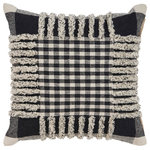 LR Home - Black Plaid Cotton Throw Pillow - Add plush texture and style to your home with this cotton plaid decorative throw pillow. This piece features a handwoven plaid design in the center, complimented by tufted shag stripes extending to the edge of the pillow. A covered zipper on the back allows for easy removal of the insert for cleaning.