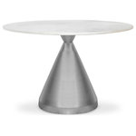 Meridian Furniture - Emery Marble Dining Table, Brushed Silver - Make an impression when you gather around this Emery dining table. This elegant table blurs the lines between modern and contemporary with elements of timelessness, making it a great fit in your dining room. The metal base is made from stainless steel for lasting good looks and has a brushed silver finish for long-wearing beauty. The top features white marble construction for an up-to-the-minute look that's understated yet elegant.