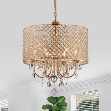 6-Light Gold Round Beaded Drum Chandelier With Hanging Crystals