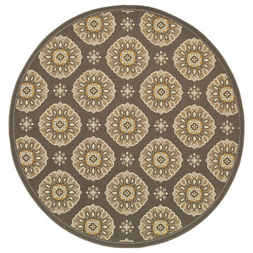 La Jolla Indoor and Outdoor Floral Gray and Gold Rug, 7'10" Round