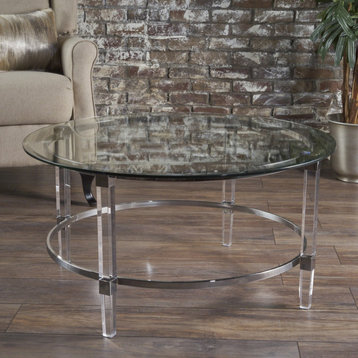 GDF Studio Lynn Round Tempered Glass Coffee Table With Acrylic and Iron Accents