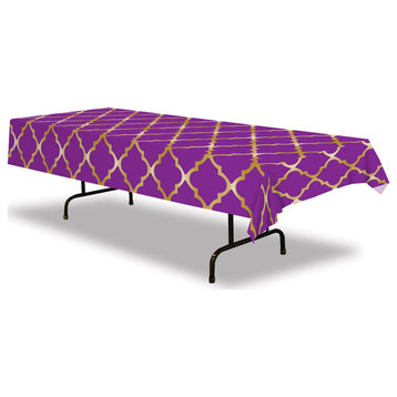 Set of 12 Purple and Gold Lattice Plastic Party Table Cover 9'