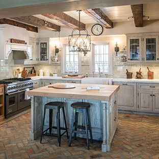75 Beautiful Brick Floor Kitchen With Ceramic Backsplash