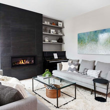 Living Room Fireplace With Seating Piano And Shelves