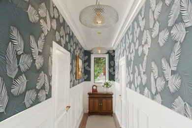 Hallway - small traditional dark wood floor, brown floor, coffered ceiling and wallpaper hallway idea in Philadelphia