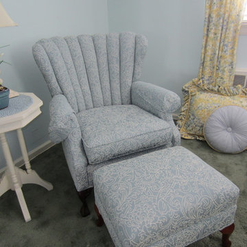 Custom Reupholstered Channel Back Chair & Ottoman, Custom Sunburst Pillow & Cust