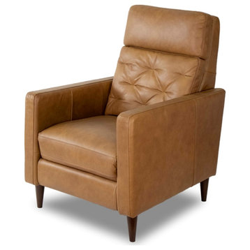 Pemberly Row Mid-Century Genuine Leather Tight Back Recliner Chair in Cognac Tan