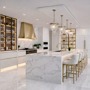 High-End Design White Kitchen with Glass Cabinets and Glass Doors by VelArt