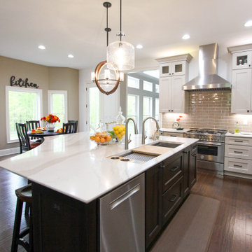 White Kitchen with Espresso Island, Galley Sink, Cambria Britannica Countertop