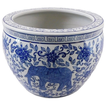 Blue and White Porcelain Fishbowl With Elephant Design, 8"x6.5"