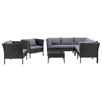 Parksville L, Shaped Patio 8pc Sectional Set, 2 Chairs, Black/Ash Gray