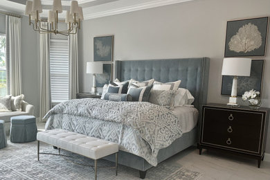 Inspiration for a large classic master bedroom in Detroit with grey walls, marble flooring and grey floors.