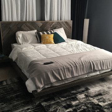Reclaimed wood Floating platform bed with herringbone headboard and integrated s